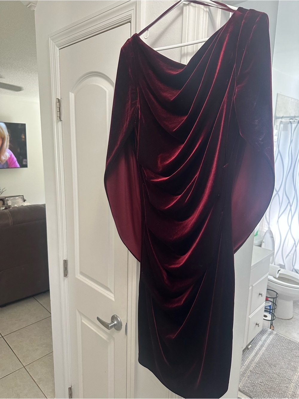 Betsy & Adam Velvet Cape-Sleeve Drape-Back Dress